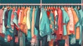 Used clothes on racks, hanging on secondhand store hanger rail, generative AI.