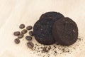 Used coffee grounds after espresso machine and coffee beans Royalty Free Stock Photo