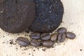 Used coffee grounds after espresso machine and coffee beans