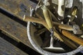 Used construction tools, stored in a bucket, outdoors. View from above Royalty Free Stock Photo