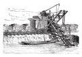 Used excavator digging the new bed of the Danube, vintage engraving