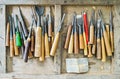 Used Full Set of Carpenter Tools for Wood Handcraft Work in The Old Wooden Box Royalty Free Stock Photo