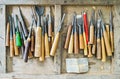 Used Full Set of Carpenter Tools for Wood Handcraft Work in The Old Wooden Box