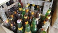 Used glass bottles in wooden boxes