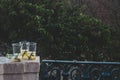 Used glasses of cocktails from street party left by party goers in public places.