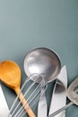 Used home kitchenware with scratches on paper background