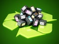 Used inkjet printer cartridges on recycle symbol. 3D illustration