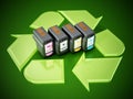 Used inkjet printer cartridges on recycle symbol. 3D illustration