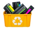 Used laser printer cartridges in recycling bin, 3D rendering