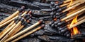 Used matches and embers a study in contrasting textures and tones of wood, fire, and ash. Generative AI Royalty Free Stock Photo