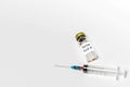 Used medical vial with Coronavirus vaccine and hypodermic syringe isolated on white background.