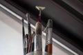 Used oil paint brushes illuminated by daylight filtering through the window. close up. Royalty Free Stock Photo