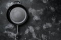 Used old empty frying pan with copy space for text or food with copy space for text or food, top view flat lay , on black dark Royalty Free Stock Photo