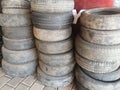 Used old tyres stacked