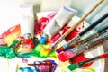 Used palette of the artist with mixed colors of acrylic paints c Royalty Free Stock Photo