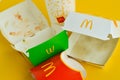 Used paper disposable packs McDonalds. Fastfood and junk food concept. Pskov, Russia, March 11. 2022