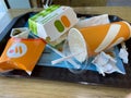 used paper packaging from fast food on tray