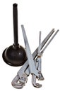 Used pipe wrenches and plunger Royalty Free Stock Photo