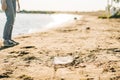 Used plastic wasted water bottle washed up on the shore of a beach, highlighting the worldwide crisis of plastic