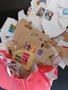 Used postage stamps on paper