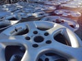 Used rims from cars in a row. Second hand - resale. Copy space. day. Close up Royalty Free Stock Photo