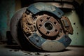 Used rusty brake discs lie on floor in auto workshop