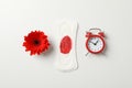 Used sanitary pad, alarm clock and herbera on background, top view Royalty Free Stock Photo