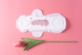 Used Sanitary pad, Sanitary napkin with tulip flower on pink background. Menstruation, Feminine hygiene, top view Royalty Free Stock Photo