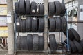 Used second hand tires for sales in a car repair shop in Belgrade, stacked outdoors. Royalty Free Stock Photo