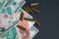 The used shell casings is on a money Royalty Free Stock Photo
