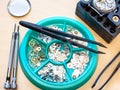 Used spare parts for watch repairing close up Royalty Free Stock Photo