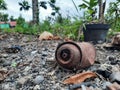 used spray paint cans that have rusted with time in close up Royalty Free Stock Photo