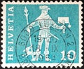 Used stamp issued in 1968 by Swiss post office showing Freuler-Palace in NÃÂ¤fels