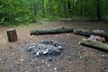 Used stone fire pit in woods with logs Royalty Free Stock Photo