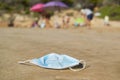 Used surgical mask thrown on the sand of a beach