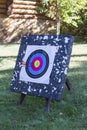 Used target for archery with an arrow in a bullseye on the train