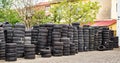 Used tire stacks in Workshop vulcanization yard