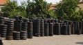 Used tire stacks in Workshop vulcanization yard