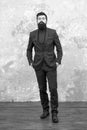 Used to look perfect. Man handsome bearded businessman wear luxury formal suit. Menswear and fashion concept. Guy brutal