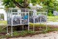 Used water bottles and kept in the trash. Plastic bottles are stored in grids waiting to be recycled at school in Suphan Buri Royalty Free Stock Photo