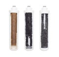 Used water cartridges in section on a white background. The concept of water purification from heavy metals, rust and