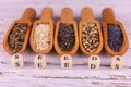 Useful assorted seeds in wooden scoops on a white background. Royalty Free Stock Photo