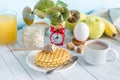 Useful Colorful Breakfast Coffee Milk Fruit Cookies Alarm Clock Oats Still Life White Table Royalty Free Stock Photo