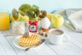 Useful Colorful Breakfast Coffee Milk Fruit Cookies Alarm Clock Oats Still Life White Table Royalty Free Stock Photo