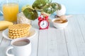 Useful Colorful Breakfast Coffee Milk Fruit Cookies Alarm Clock Oats Still Life White Table Royalty Free Stock Photo