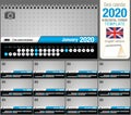 Useful desk triangle calendar 2020 template, with space to place a photo. Size: 22 cm x 12 cm. Format horizontal. English version