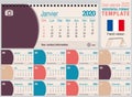 Useful desk triangle calendar 2020 template, with space to place a photo. Size: 22 cm x 10 cm. Format horizontal - French version