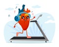 Useful healthy training for heart. Body organ runs on treadmill and listens to music on headphones. Cartoon character