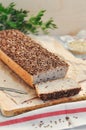 Useful home-made vegan sourdough bread from green buckwheat with flax and sunflower seeds. Raw healthy and proper nutrition Royalty Free Stock Photo