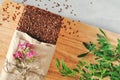 Useful home-made vegan sourdough bread from green buckwheat with flax and sunflower seeds. Raw healthy and proper nutrition Royalty Free Stock Photo